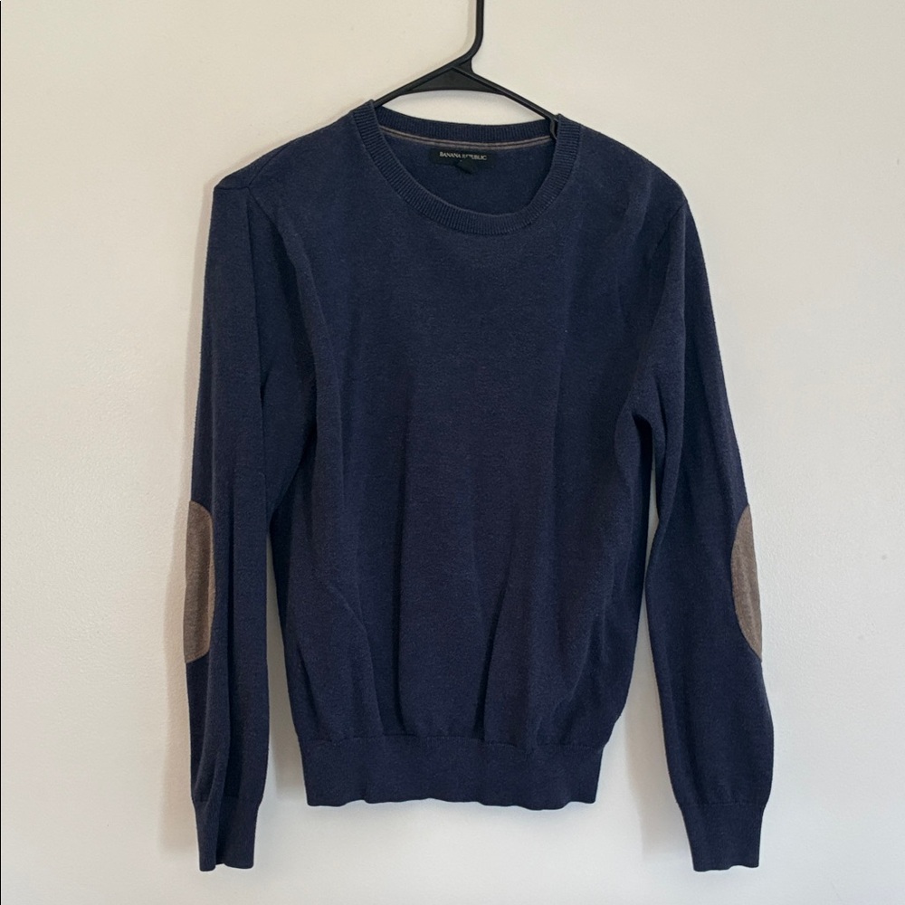 Banana Republic Navy Crewneck Sweater with Brown Elbow Patches